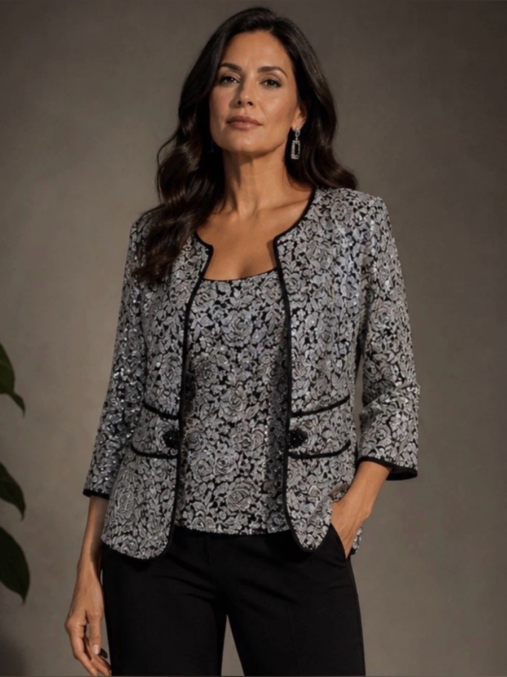 Women’s Cachet 2 Piece Sequin Floral Jacket & Shell Top Black White Evening Set